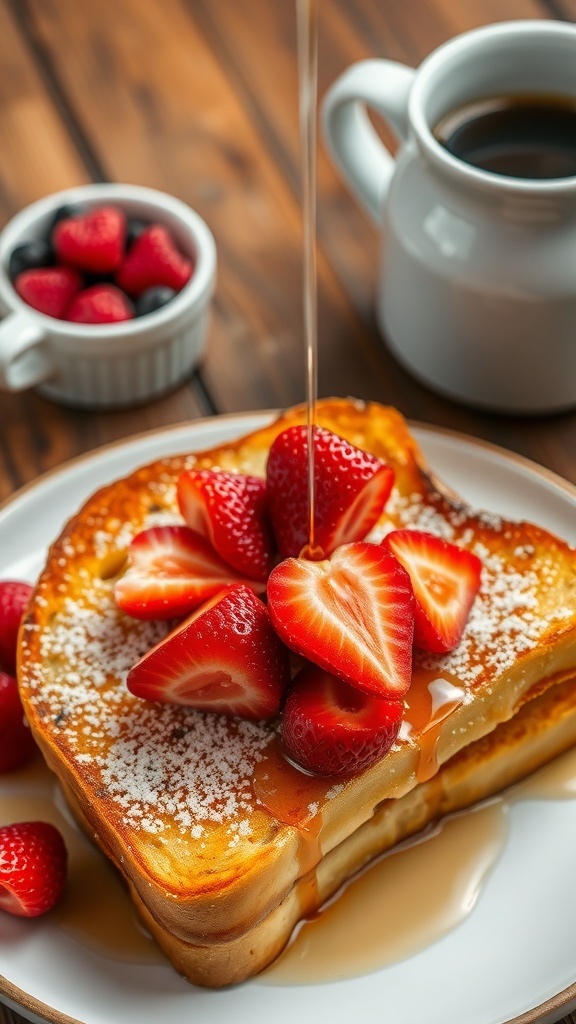 Classic French Toast Recipe for Two Slices Golden-brown French toast topped with strawberries and maple syrup on a rustic table.